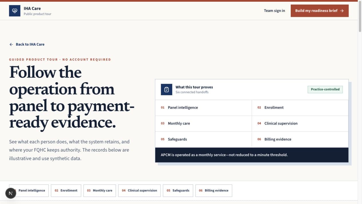 IHA Care product interface showing the practice readiness workflow